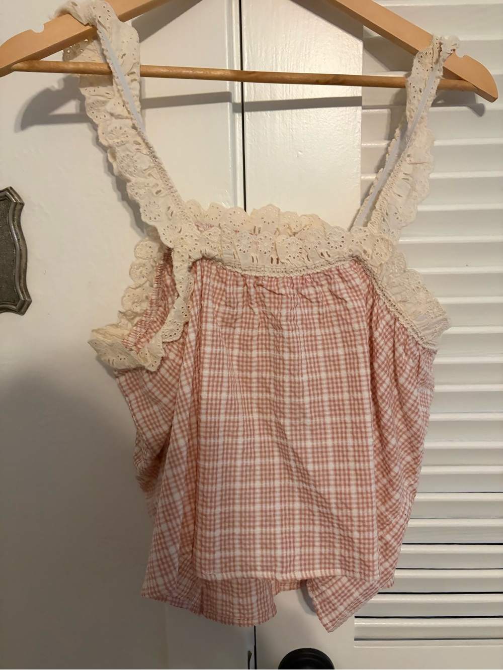 Pink Plaid Lace-Trim Sleeveless Top